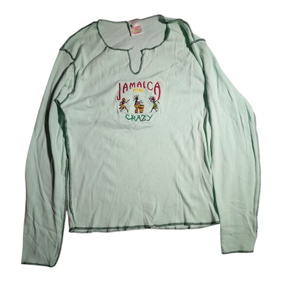 Vtg Y2K Island Tees Jamaica Me Crazy Embroidered Green Long Sleeve Baby Tee Sz L - Picture 1 of 4